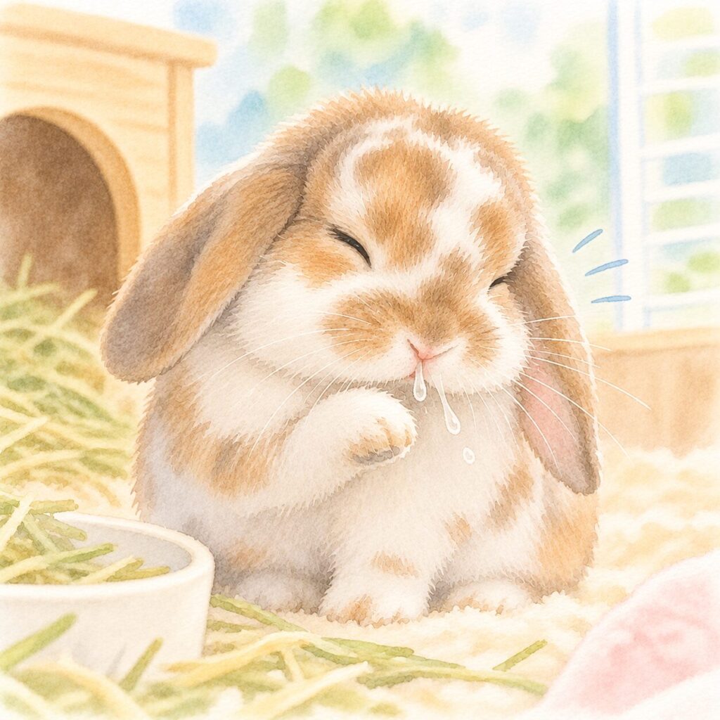 くしゃみをして鼻水が出ている茶色と白の垂れ耳うさぎのイラスト｜うさぎのくしゃみ・鼻水をイメージ