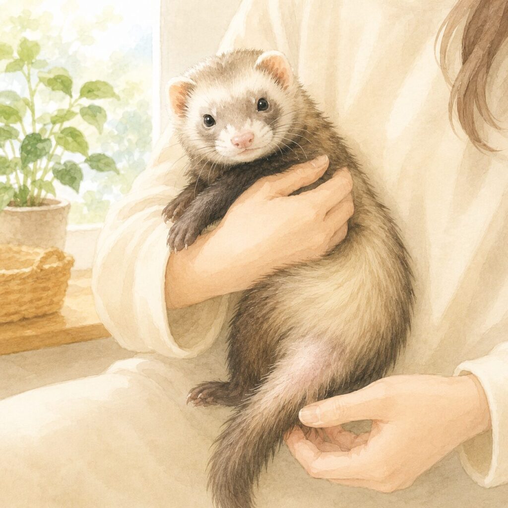 しっぽからおしり周辺にかけて脱毛が見られるフェレットを、飼い主さまがやさしく抱っこしながら様子を確認しているイラスト