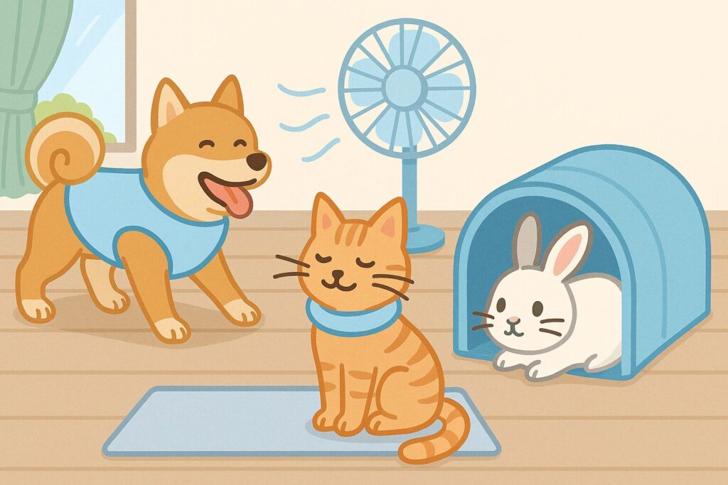 クールウェアを着た犬、ネッククーラーをつけて涼む猫、冷感トンネルに入るうさぎの暑さ対策シーン