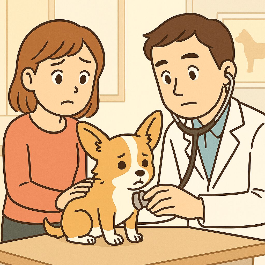 逆くしゃみの症状で動物病院を受診し、検査を受ける犬と飼い主