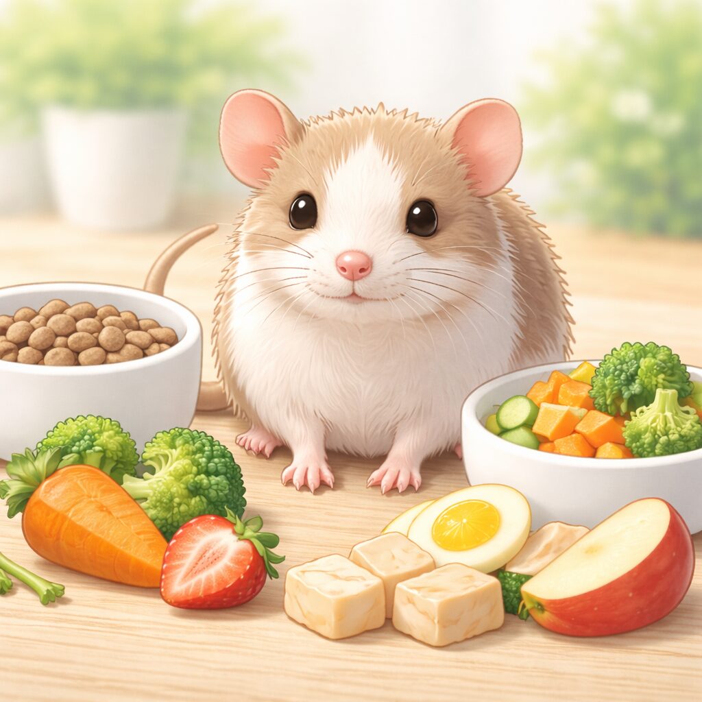 ペレットや野菜などの食事と一緒に描かれたファンシーラットのイラスト(ファンシーラットの食事イメージ)