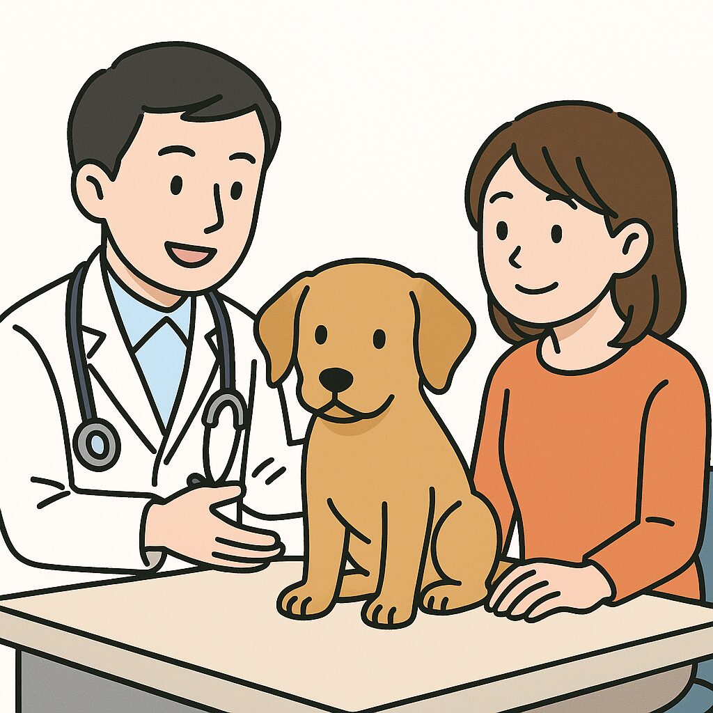 獣医師と飼い主が犬を交えて診察室で話している様子。安心感のある医療相談の場面。
