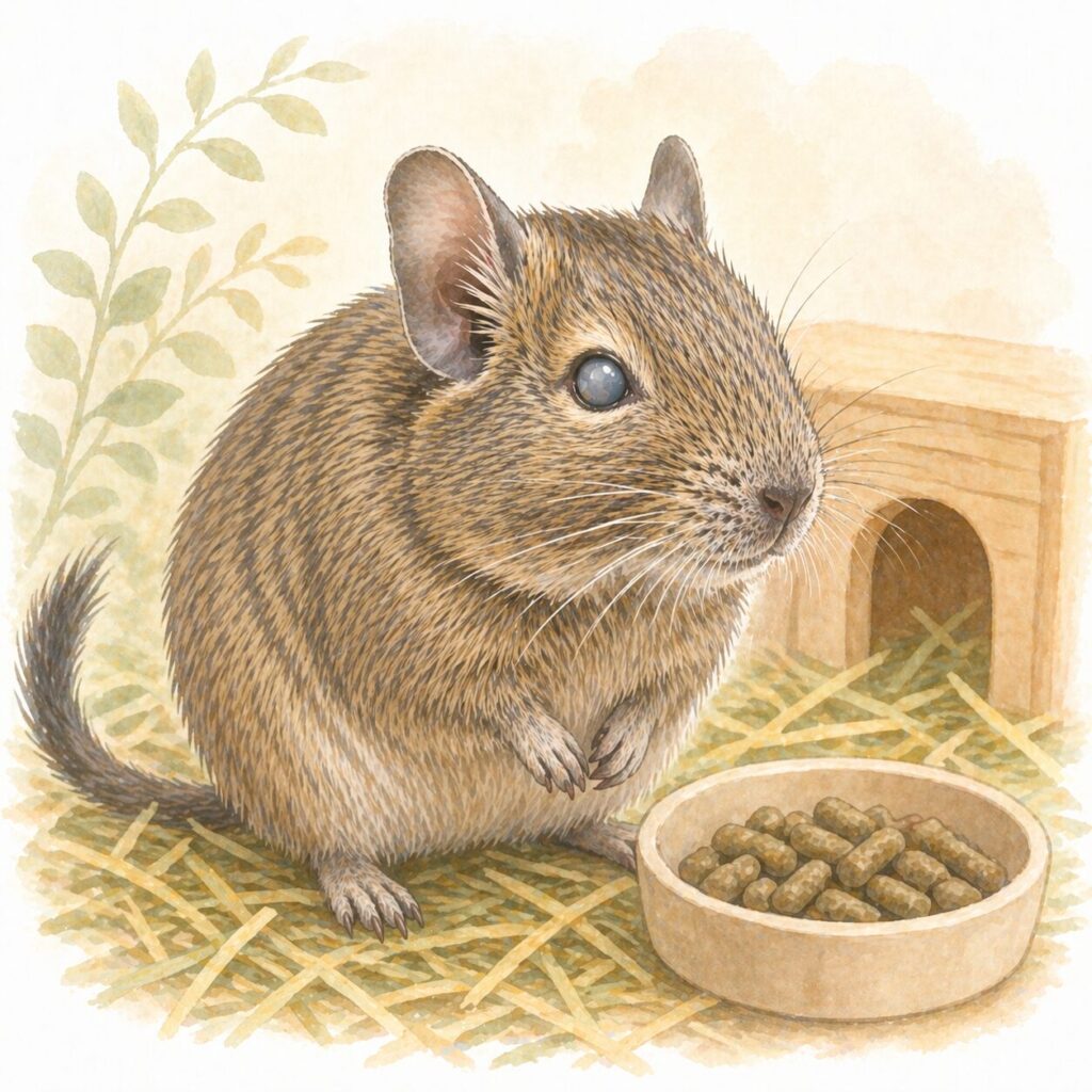 食事管理と目の変化をイメージしたデグー（糖尿病をテーマにしたイラスト）