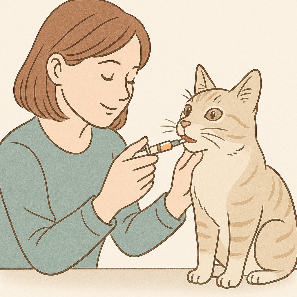 飼い主の女性がシリンジを使って猫に液体薬を与えている場面。猫は飼い主に支えられながら落ち着いている。