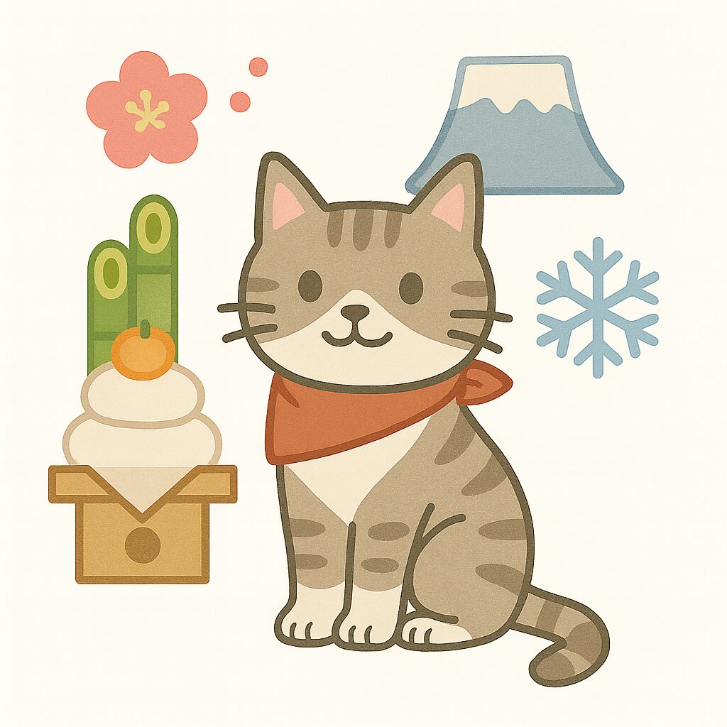 赤いバンダナを巻いた茶トラ猫が笑顔で座っており、周囲に門松、鏡餅、富士山、雪の結晶、梅の花などお正月と冬をイメージしたアイテムが並ぶ。