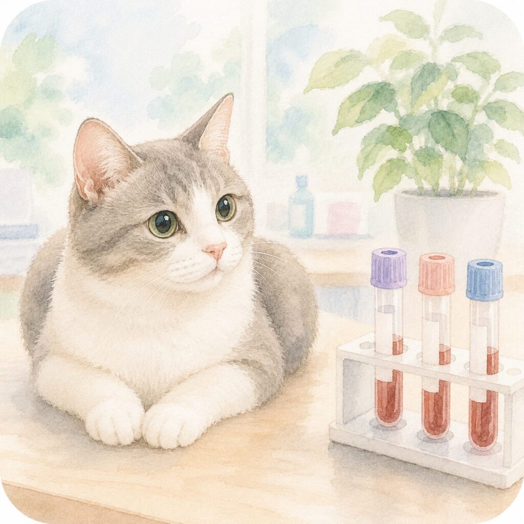 採血管と穏やかな表情の子ねこちゃんを描いたイラスト｜猫の血液検査をイメージ