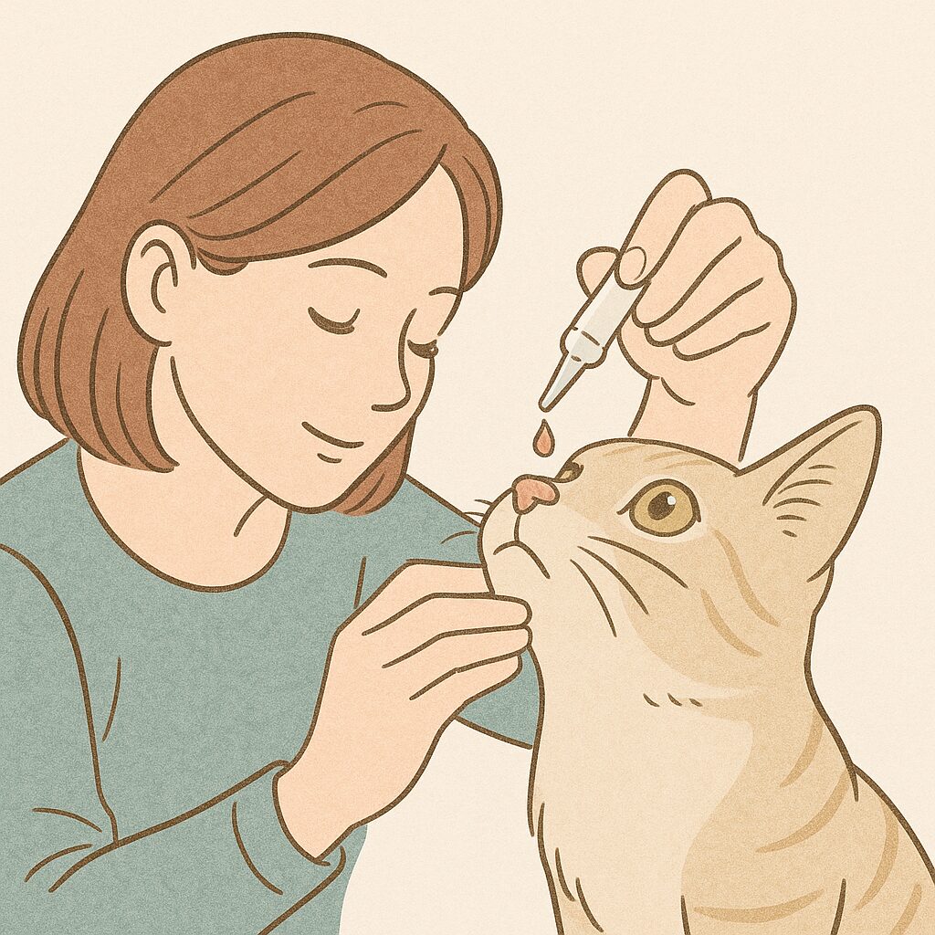 猫が顔を上に向けた状態で、飼い主が後ろから目薬を差している様子。目薬の容器が目に触れないよう注意して点眼している。