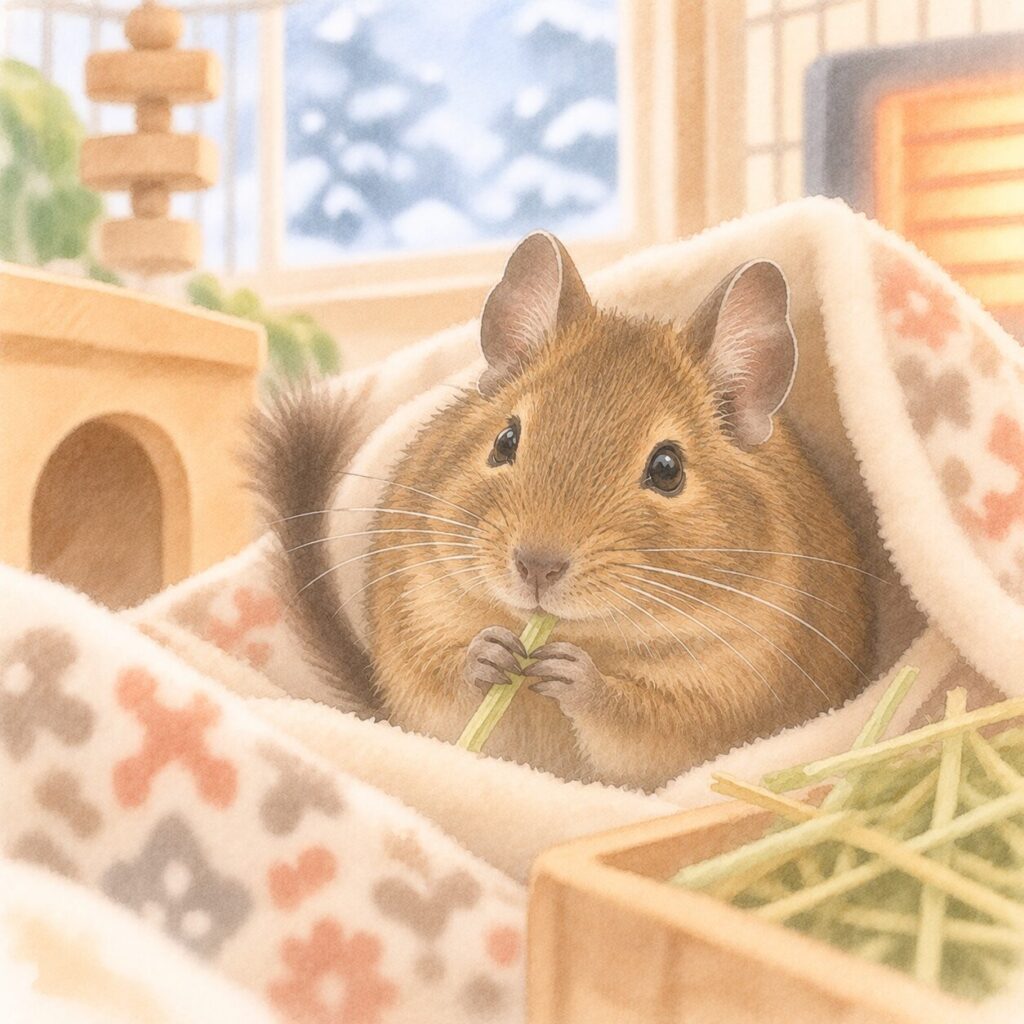 暖かい毛布の中で牧草を食べるデグーを描いたイラスト｜デグーの低体温症をイメージ