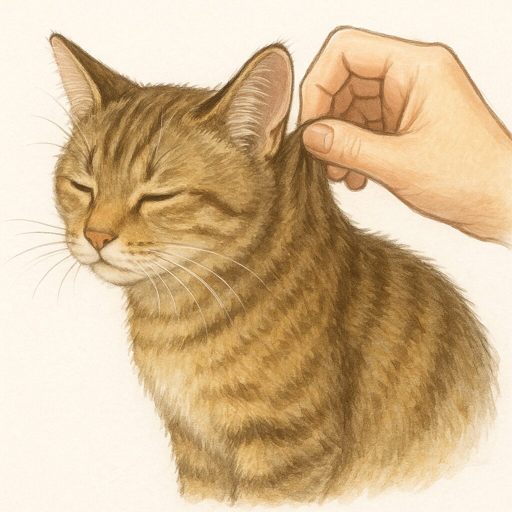猫のツルゴールチェック（皮膚をつまんで戻りを確認）をしているイラスト