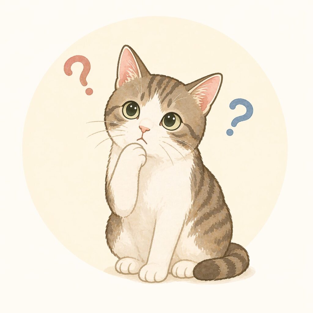 嘔吐か吐出か迷っているねこちゃんのイメージ（症状の見分けを考えるイラスト）