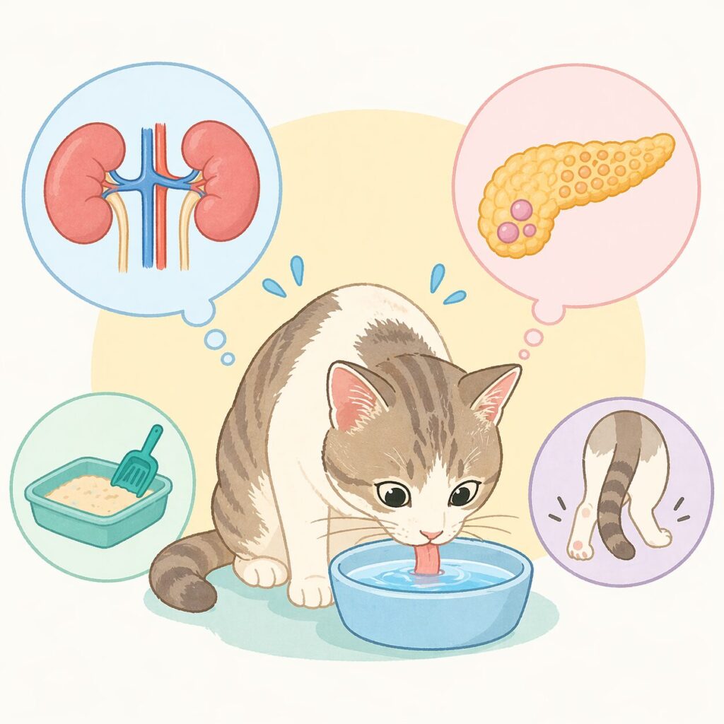 多飲多尿がみられるねこちゃんのイメージ（腎臓病・糖尿病・甲状腺機能亢進症との見分けを考えるイラスト）