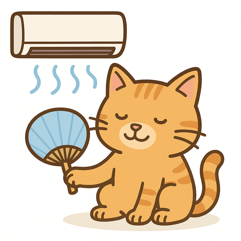 エアコンと団扇で涼んでいる猫（熱中症対策をしている様子）