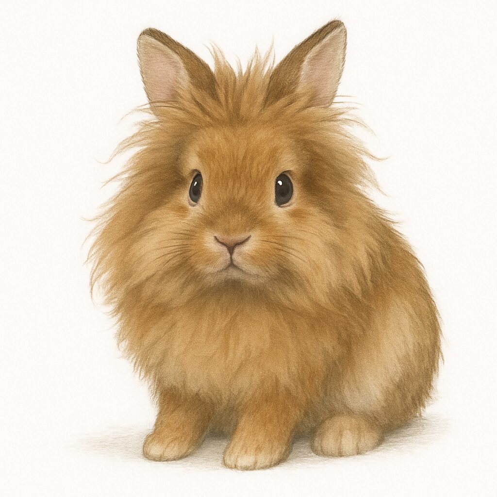 ふわふわのたてがみが特徴的なライオンヘッドラビットが、おすわりしているリアルなイラスト。つぶらな瞳と柔らかそうな長毛が魅力的に描かれている。