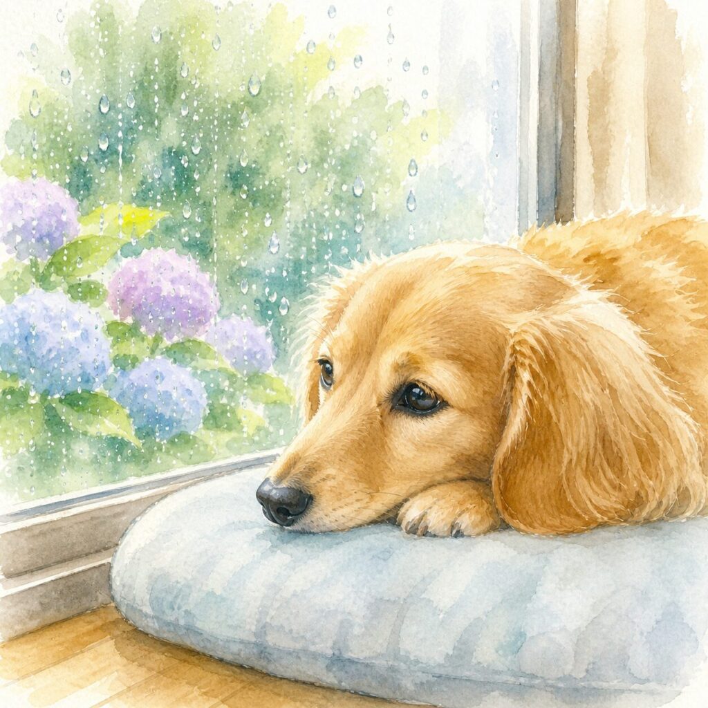雨の日に窓辺で外を眺めながら静かに過ごすダックスフンド（梅雨の体調変化をイメージしたイラスト）