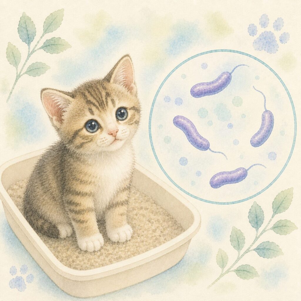 トイレで下痢をしている子猫とカンピロバクター菌を描いた水彩風イラスト｜猫のカンピロバクター症をイメージ