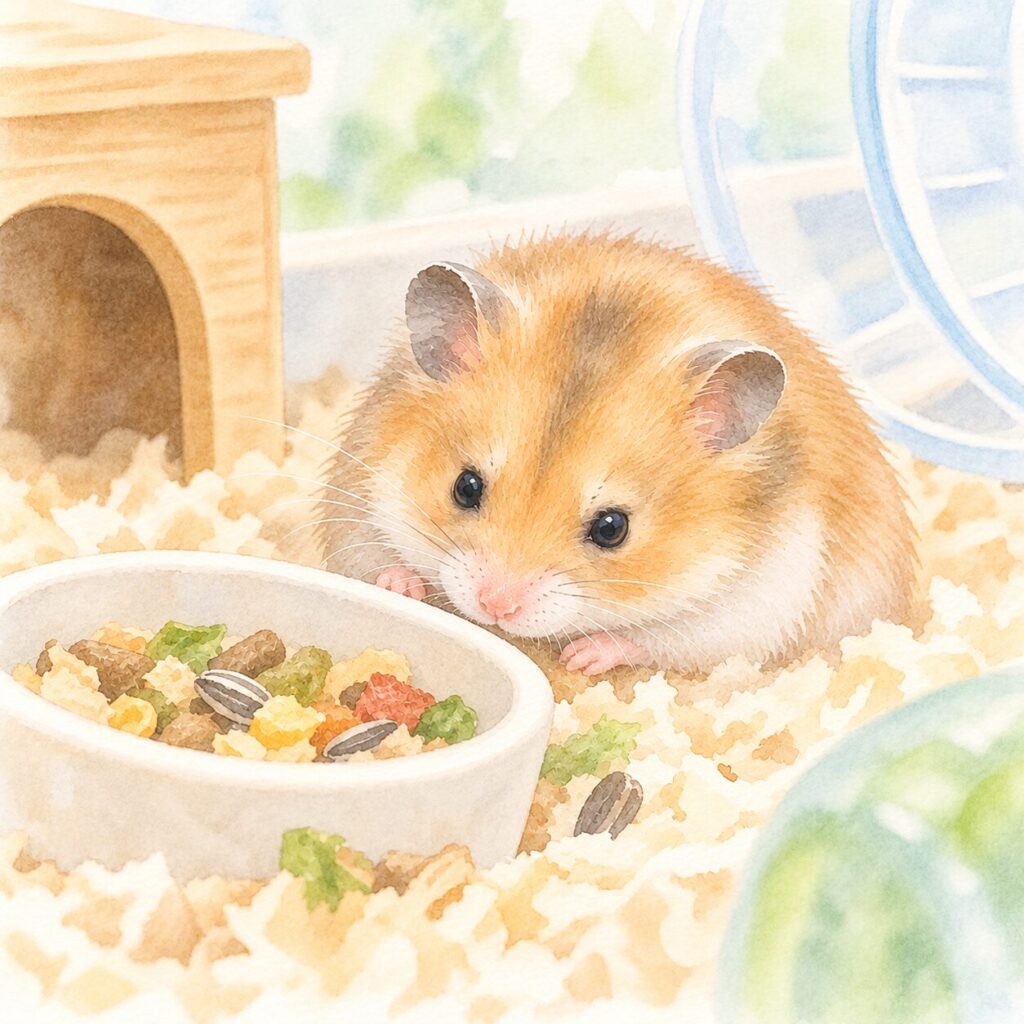 ごはんの入った餌皿の前で食べずにじっとしているハムスターのイラスト｜ハムスターの食欲不振をイメージ