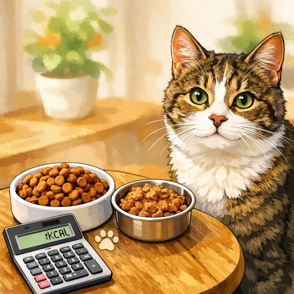 高齢猫の1日の食事量やカロリー計算をイメージした画像