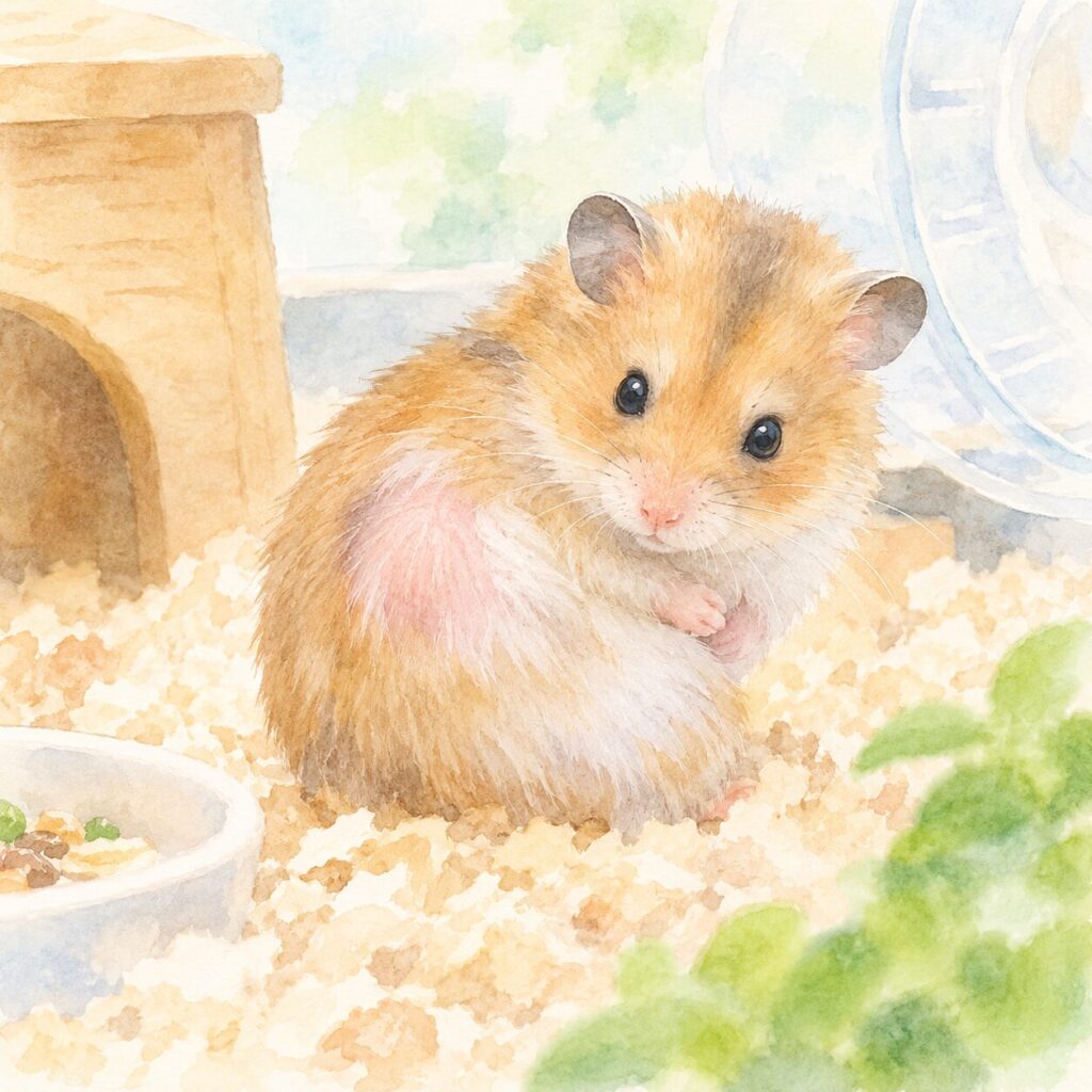背中の一部の毛が抜けて皮膚が見えているハムスターのイラスト｜ハムスターの脱毛をイメージ