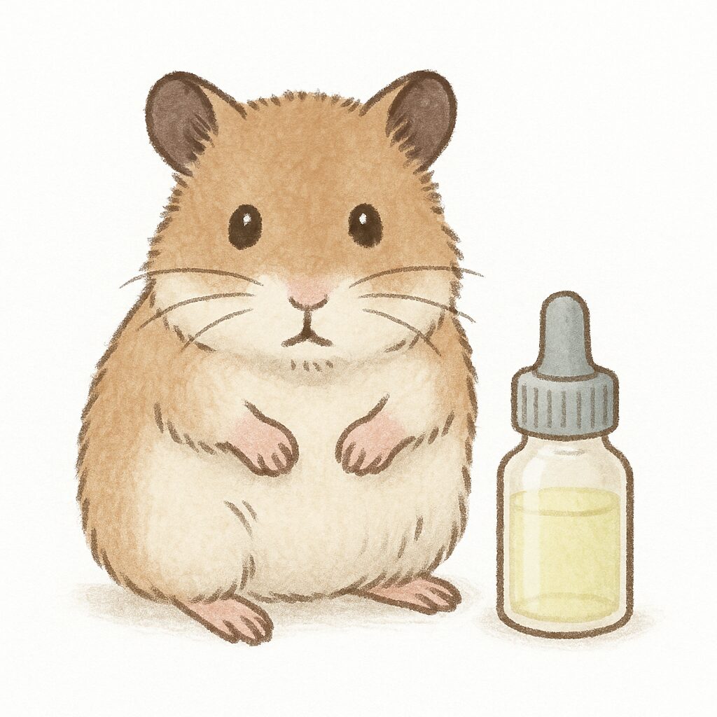 ゴールデンハムスターが、薄黄色の液体が入った点眼瓶のボトルを見つめているイラスト。