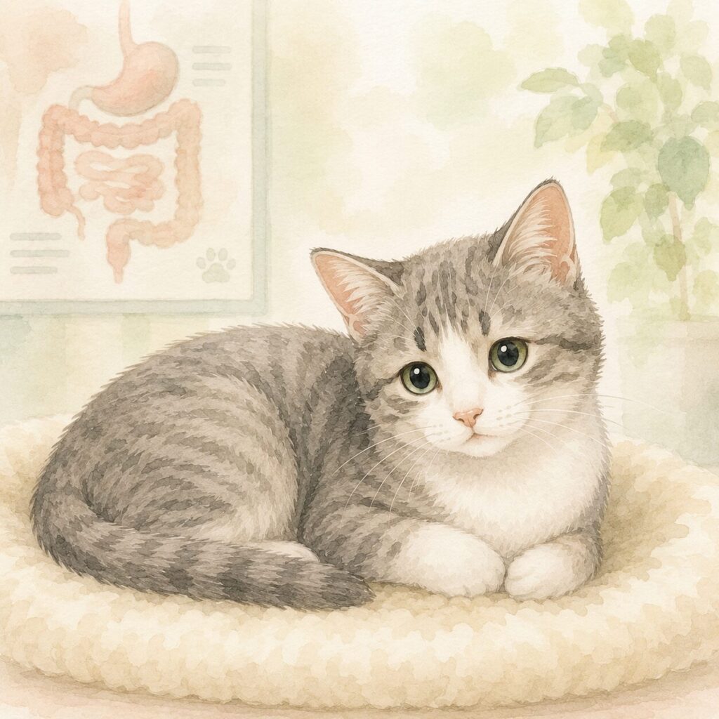 消化器のイラストを背景に、クッションで安静に過ごす猫のイラスト｜猫のIBD（炎症性腸疾患）をイメージ