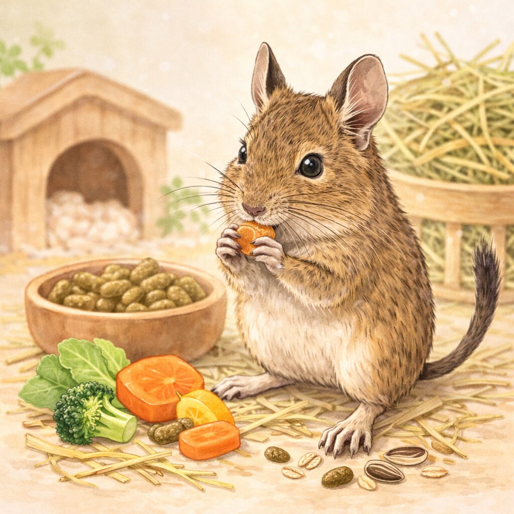 チモシー牧草やペレット、野菜と一緒に描かれたデグーのイラスト(デグーの食事・飼育イメージ)