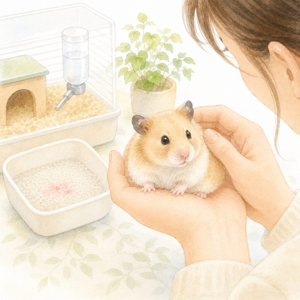 トイレ周辺の様子を確認しながらハムスターをやさしく見守る飼い主さまのイラスト（血尿や子宮疾患の早期発見をイメージ）