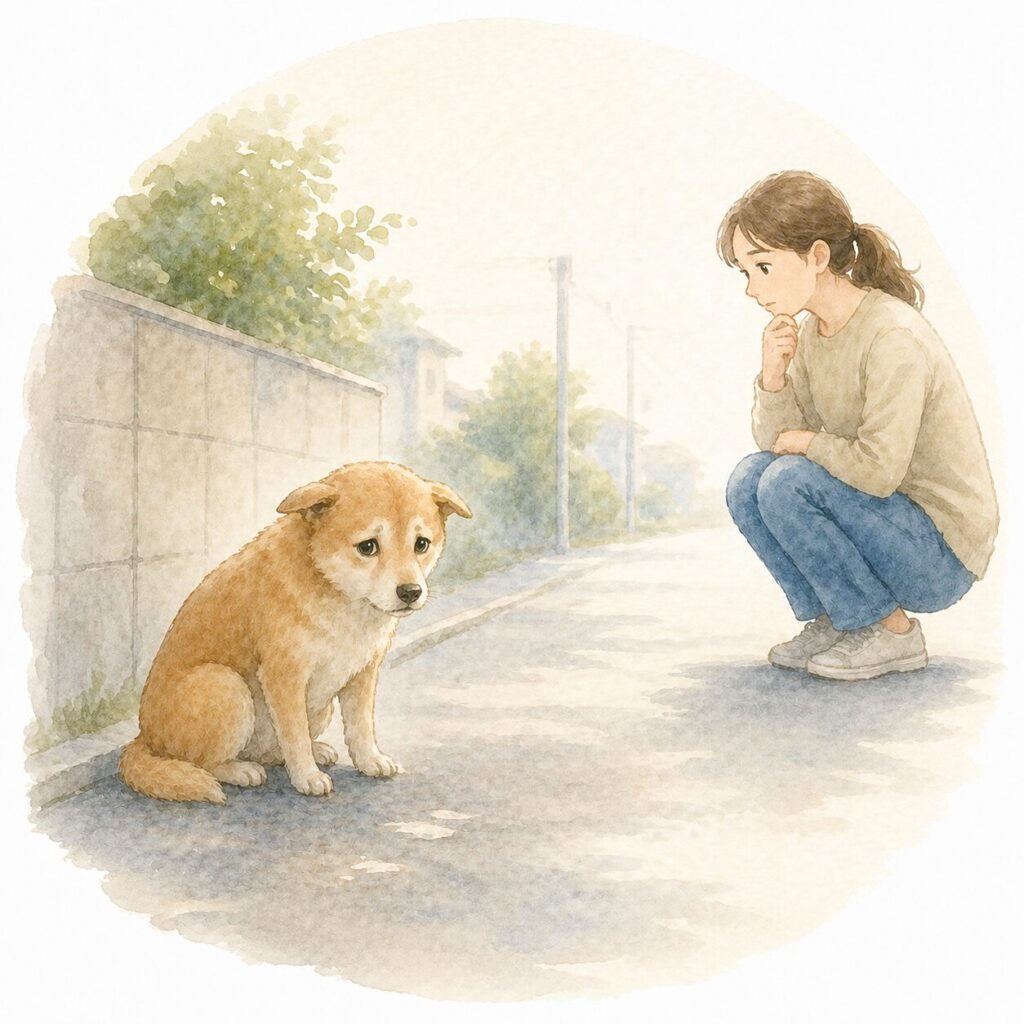 道端で不安そうにしている犬と様子を見守る人(迷子犬や保護前の対応のイメージ)