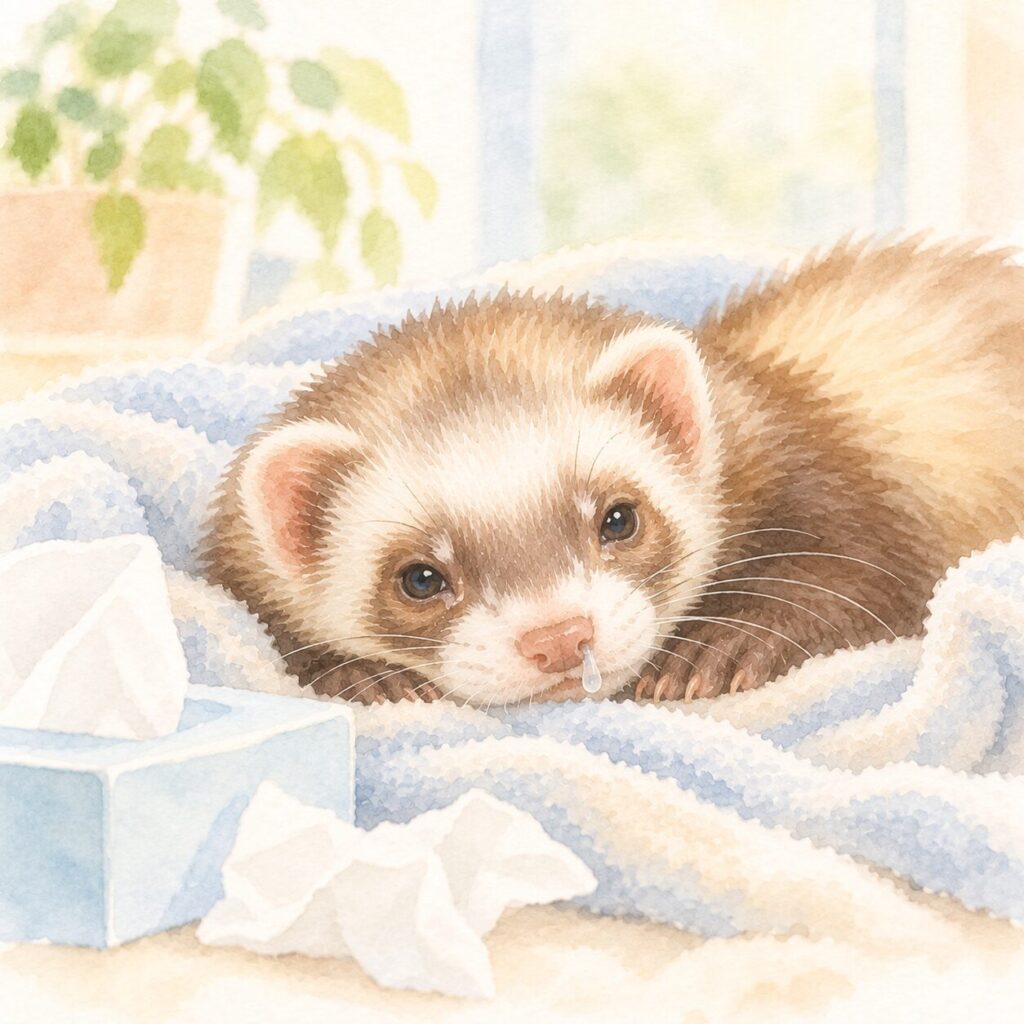 鼻水がみられ元気がないフェレットのイラスト｜フェレットのジステンパーをイメージ