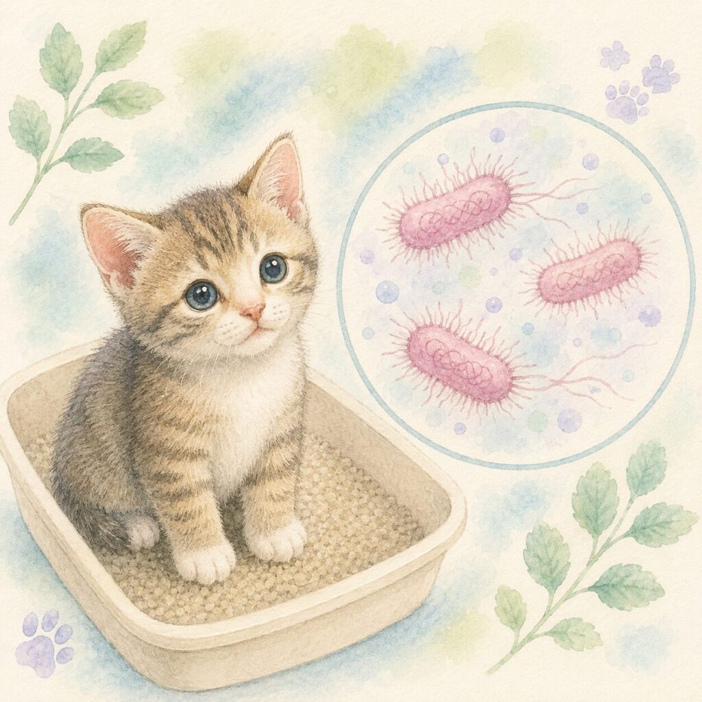 トイレに座る子ねこちゃんとサルモネラ菌をイメージしたイラスト｜猫のサルモネラ感染症をイメージ