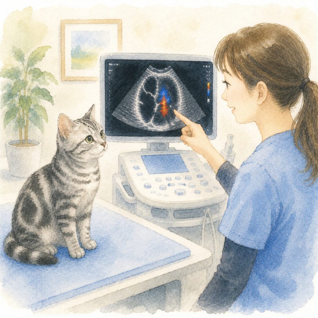 心エコー検査の結果を確認する猫と獣医師を描いた水彩イラスト｜猫の心エコー（心臓超音波）検査をイメージ