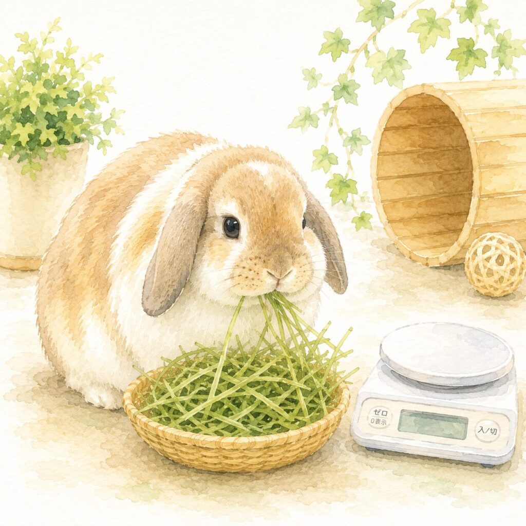 牧草を食べながら体重管理を行うホーランドロップのうさぎ(うさぎの肥満予防をイメージ)