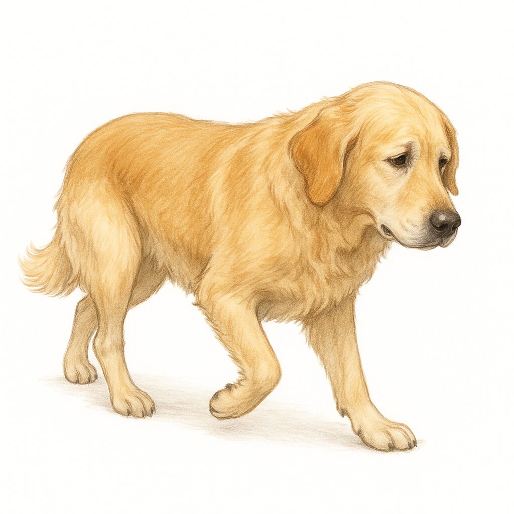関節炎で後ろ足をかばいながら歩くシニア犬（ゴールデンレトリーバー）、少しつらそうな表情
