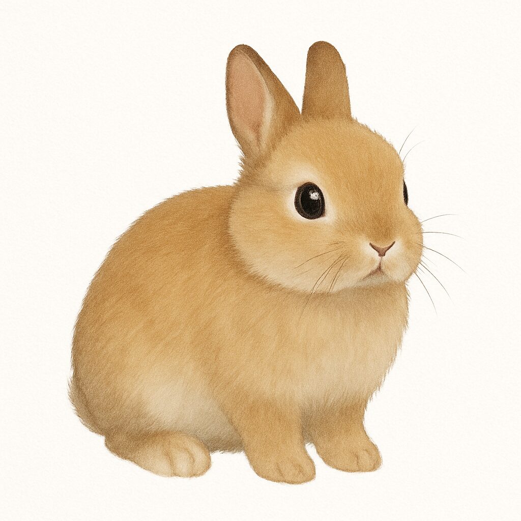 座ってこちらを見つめるネザーランドドワーフ。丸い体と大きな目、短い耳が特徴的なリアルタッチのイラスト