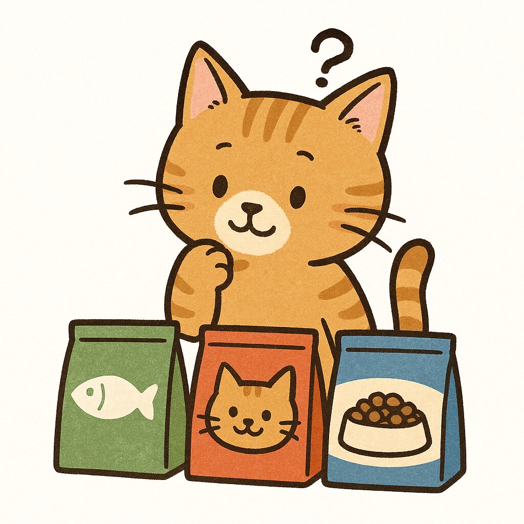 魚や猫のイラストが描かれた3つのフードパッケージを見つめ、どれを選ぶか悩んでいる茶トラ猫のイラスト。早期腎臓病向けのフード選びの様子。