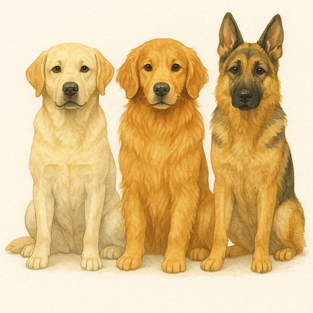 ラブラドールレトリバー、ゴールデンレトリバー、ジャーマンシェパードの3頭の大型犬が並んで座っている。