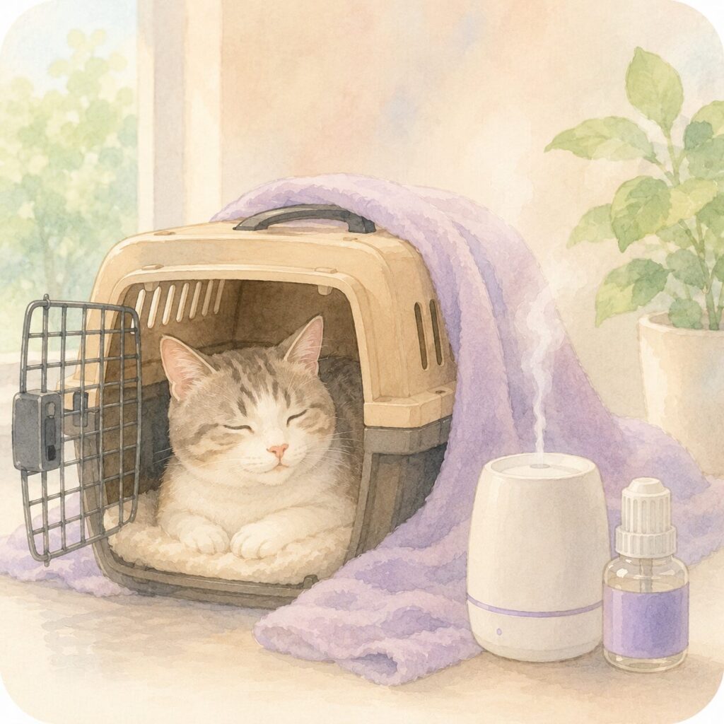 キャリーの中で落ち着いて過ごす猫とフェリウェイによるストレスケアのイメージ