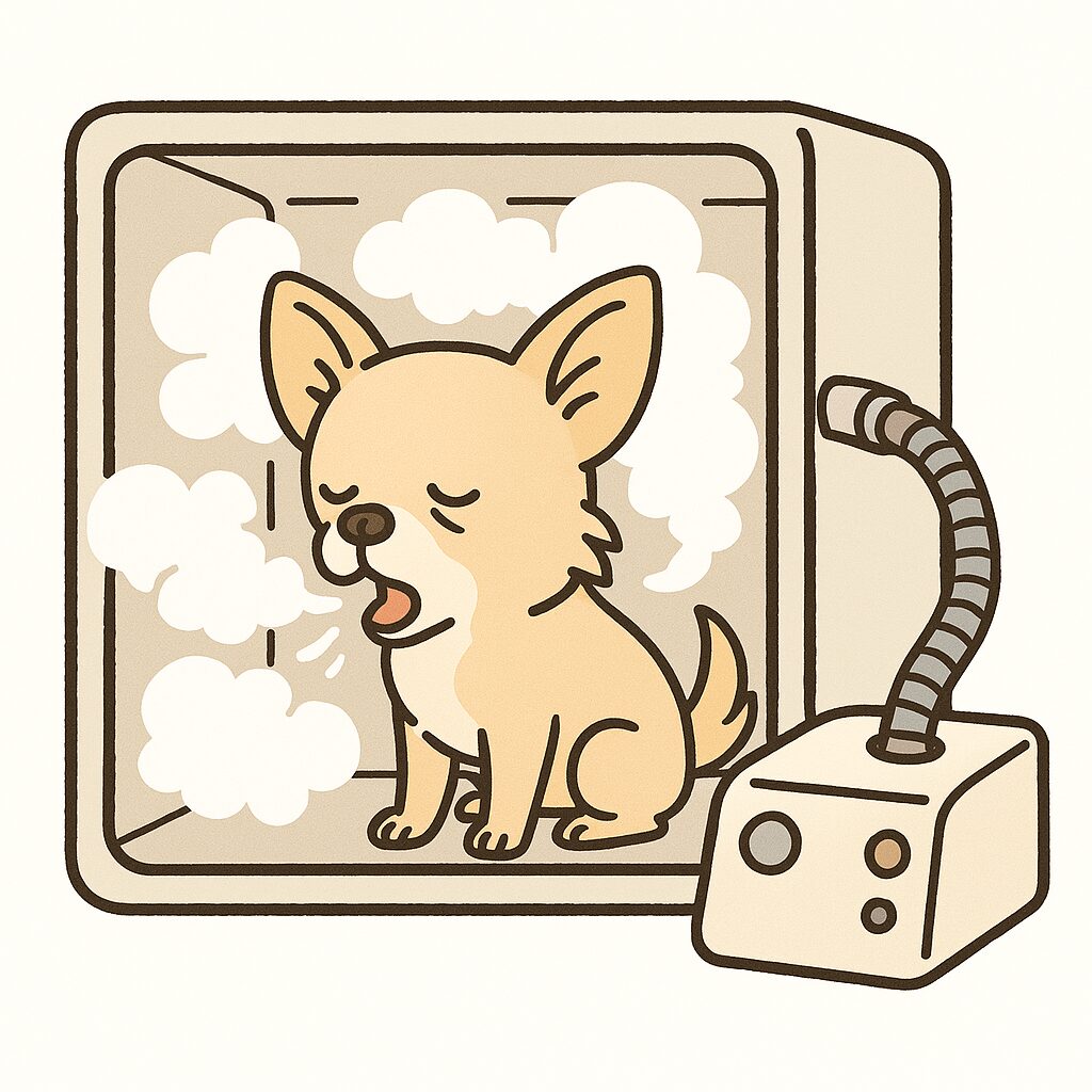 吸入室の中で治療を受けているチワワ（もくもくとした蒸気に包まれている様子）
