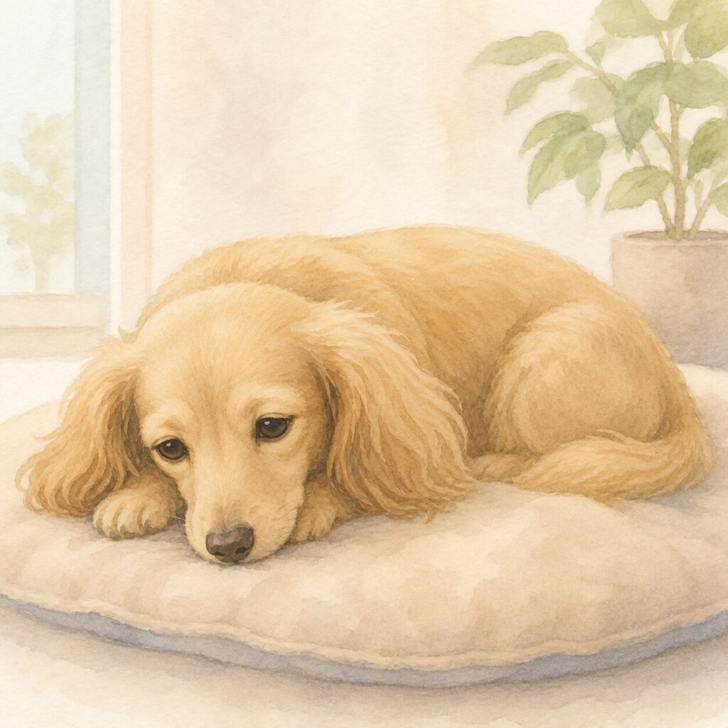 体調が優れず横になって休んでいる犬を描いたイラスト｜犬の嘔吐をイメージ