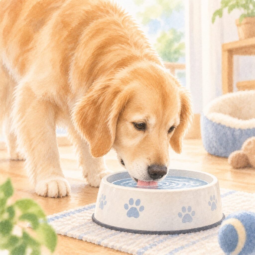 水をよく飲む犬のイラスト｜犬の多飲をイメージ