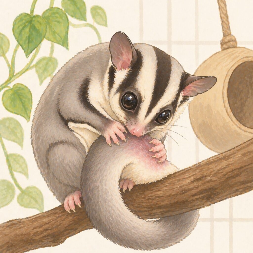 毛づくろいをしているフクロモモンガ（自咬とグルーミングの違いをイメージしたイラスト）