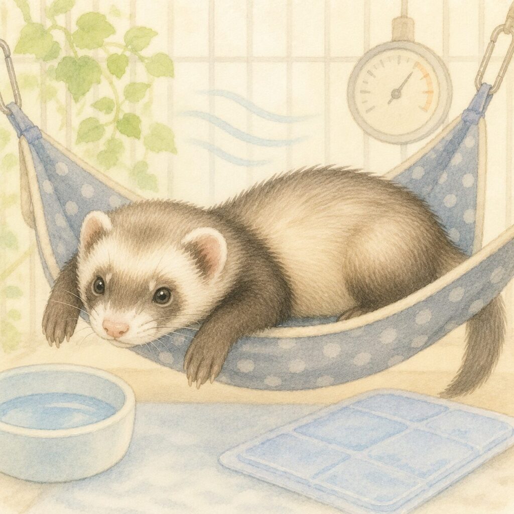 暑さでぐったりしたフェレットがハンモックで休み、水入れや冷却プレートが置かれたイラスト｜フェレットの熱中症をイメージ