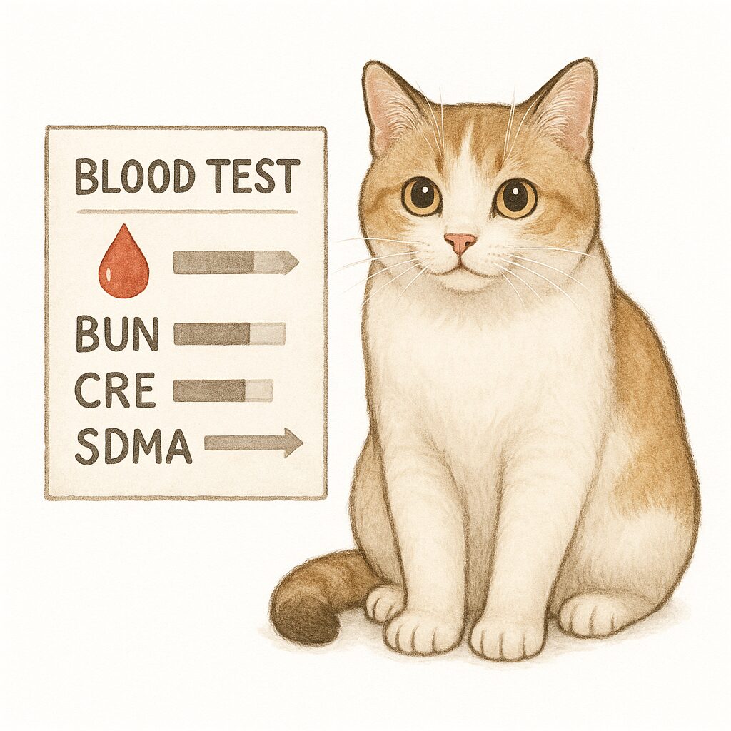 血液検査の数値表の横に座る白茶の猫（腎機能検査のBUN・CRE・SDMAの数値が示されている）
