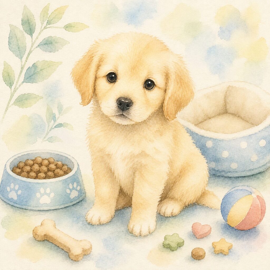 子犬用フードとおやつの前に座る子犬を描いた水彩イラスト｜子犬のおやつをイメージ