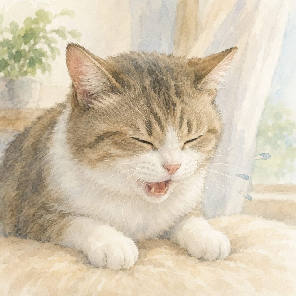 くしゃみをしている猫の様子を描いたやさしいイラスト|猫のくしゃみをイメージ