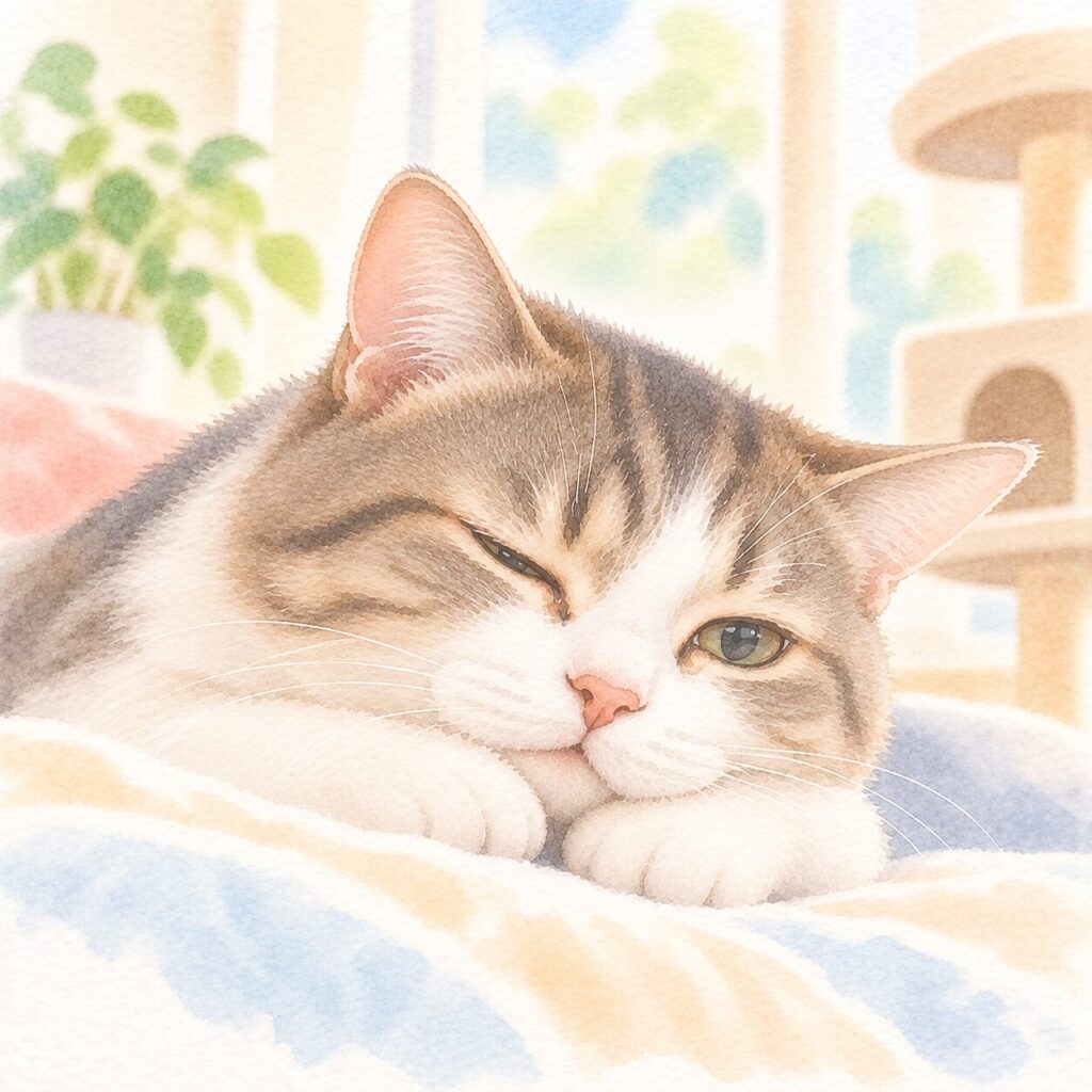 片目をしょぼしょぼさせているキジ白猫のイラスト｜猫が片目をつぶる・目を開けにくい原因と受診の目安をイメージ