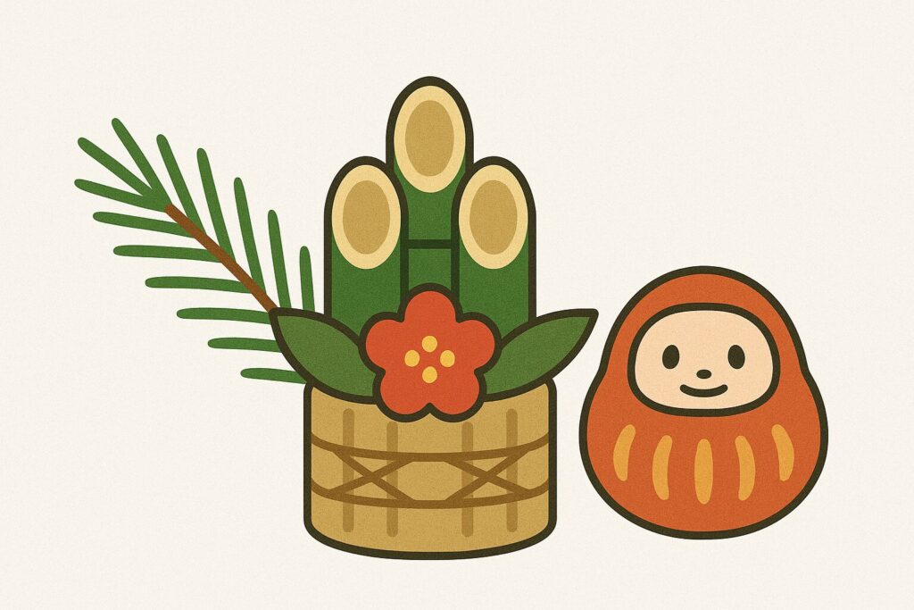 年末年始をイメージしたイラスト。門松とダルマ、松の枝が並んでおり、日本のお正月らしい温かみのある手描き風のデザイン。