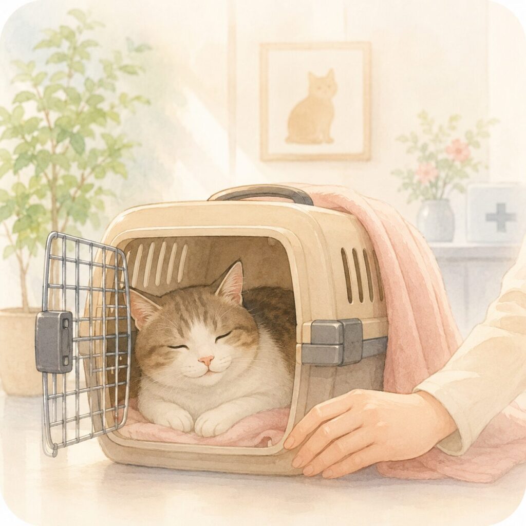 キャリーの中で落ち着いて過ごす猫と、猫に配慮した診療環境のイメージ