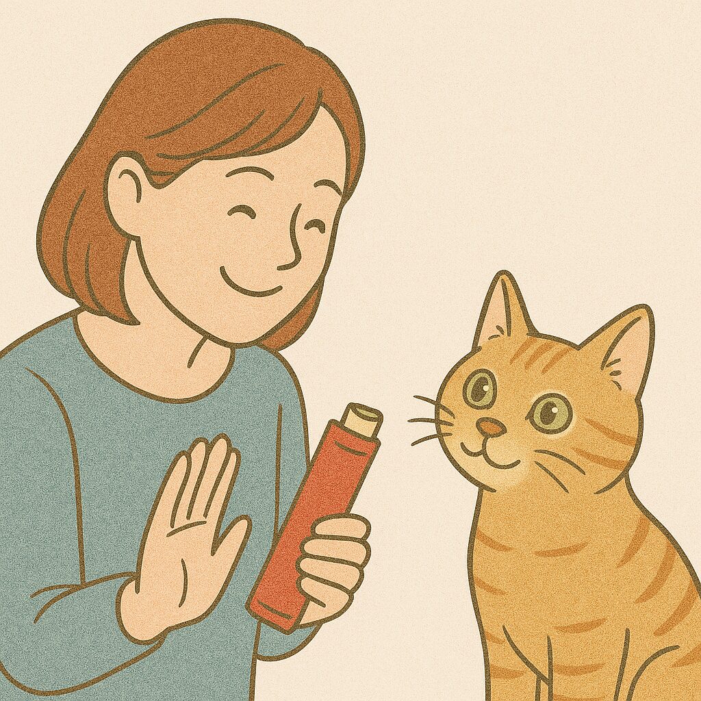 飼い主の女性がおやつを手に持ち、猫に与えている様子。猫は期待した表情でおやつを見つめている。