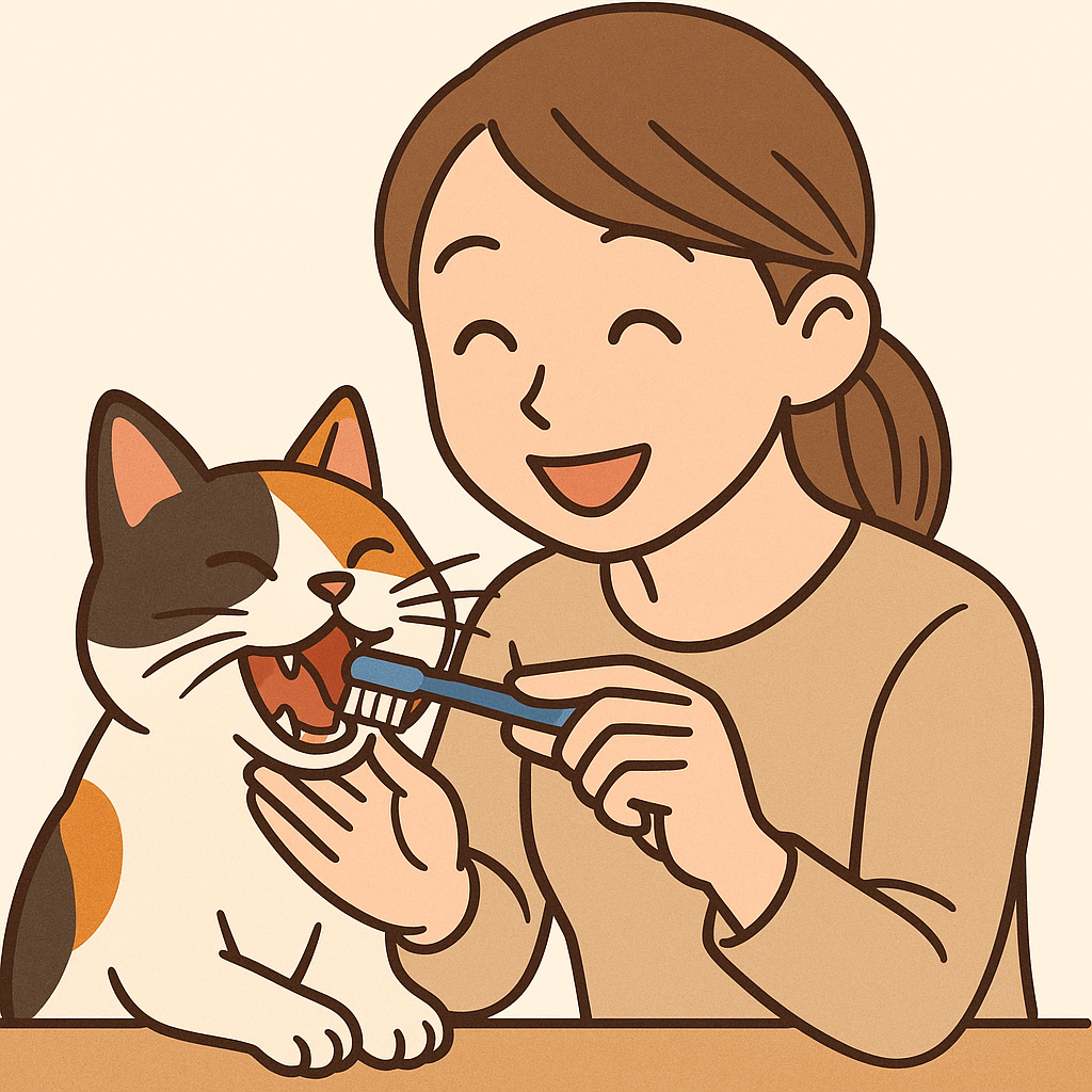 飼い主が猫に歯みがきをしているイラスト。猫のデンタルケアや歯周病予防の重要性を伝える場面に最適。

