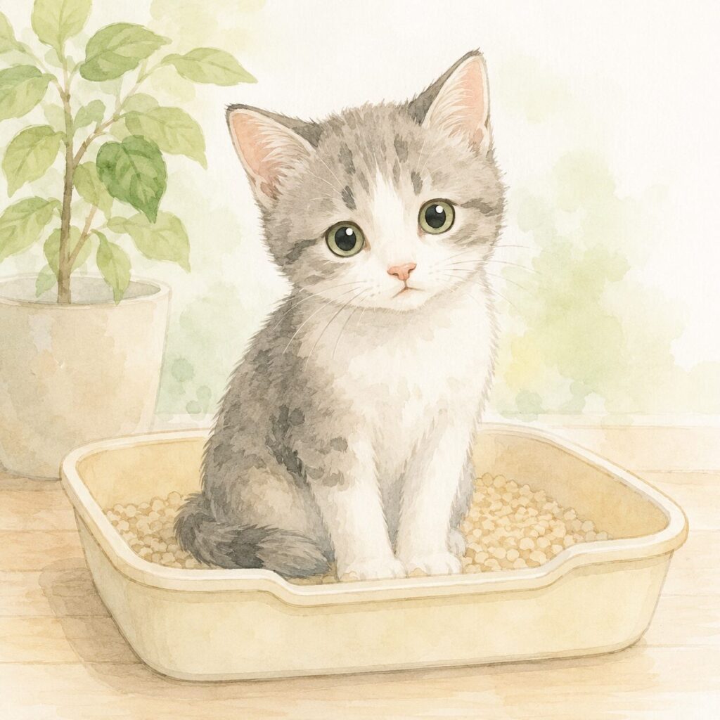 トイレで排便する子猫のイラスト|猫のトリコモナスによる下痢や軟便をイメージ